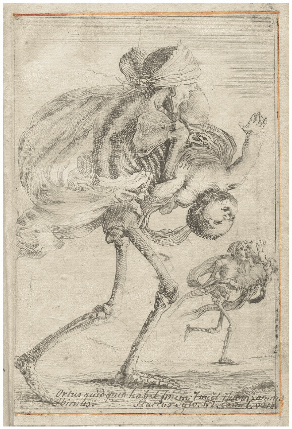 Female skeleton running away from the viewer, carrying an infant in her arms.