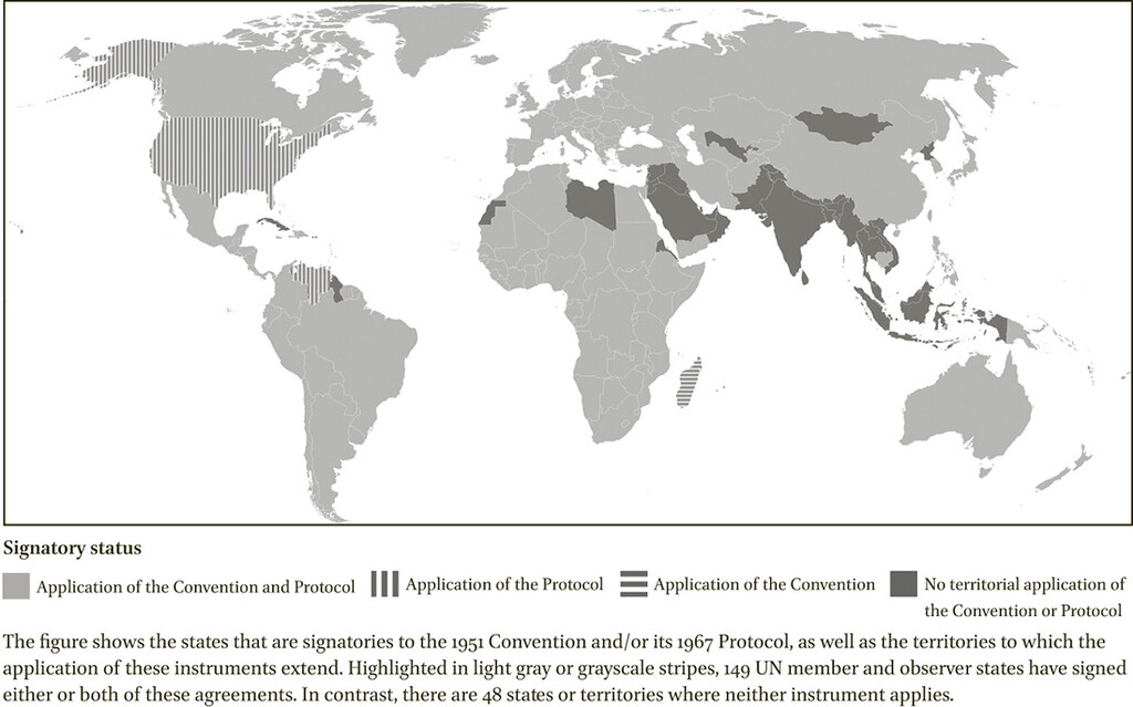 The 1951 Convention and the 1967 Protocol shows the states that are signatories to the 1951 Convention and/or its 1967 Protocol, as well as the territories to which the application of these instruments extend. Highlighted in light gray or grayscale stripes, 149 UN member and observer states have signed either or both of these agreements. In contrast, there are 48 states or territories where neither instrument applies.