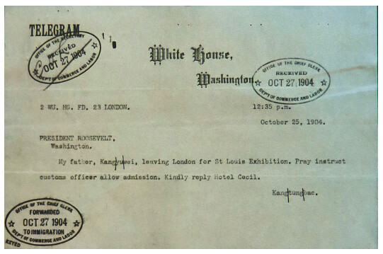 Telegram headed “White House, Washington,” typed message, stamped by Office of the Secretary and Office of the Chief Clerk, forwarded to Immigration.