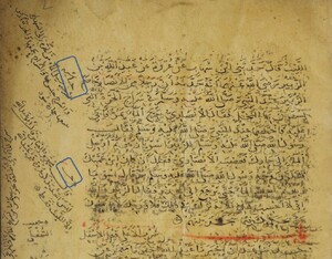 A manuscript containing Arabic text. Blue rectangles have been added by the author to highlight some passages in the left margin.