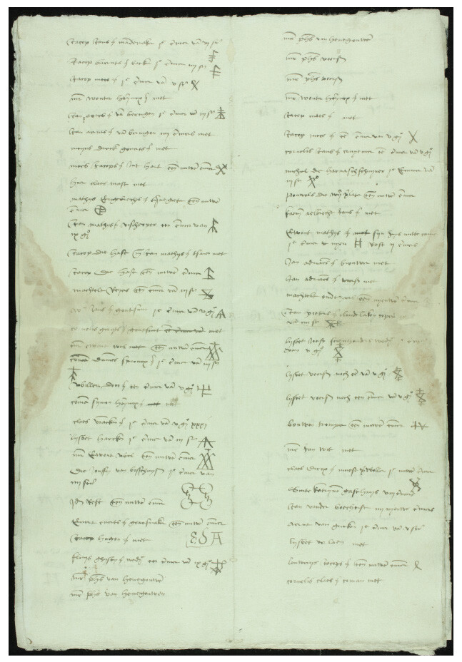 A document written in Medieval Dutch from 1515 listing the number of buckets per household for fire fighting purposes, including specific household marks