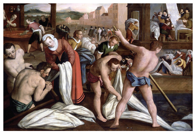 A painting depicting the process of cloth production in Leiden by Isaac Claesz van Swanenburg