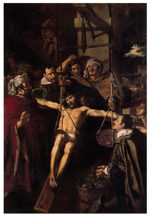 Oil painting featuring an image of Christ crucified on the cross, being weighed on a scale, surrounded by various figures.