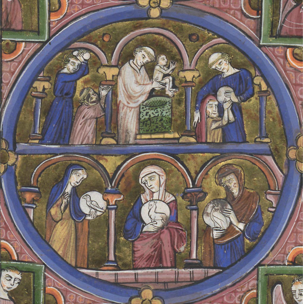 Medallion in a Bible moralisée commenting on select verses from Leviticus. The medallion is divided into an upper and a lower register. The lower register shows three personified virtues each holding a roundel depicting a bird or mammal that corresponds to one of the Levitical offerings.
