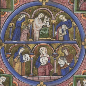 Medallion in a Bible moralisée commenting on select verses from Leviticus. The medallion is divided into an upper and a lower register. The lower register shows three personified virtues each holding a roundel depicting a bird or mammal that corresponds to one of the Levitical offerings.