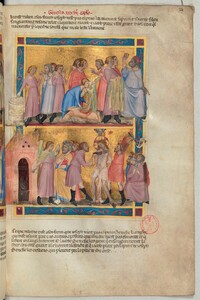Illustration from the Neapolitan Bible, divided into a top and bottom register. In the top register, Josephâs brothers sell him into slavery, and dip his many-coloured coat in goatâs blood to make their father think that his son has been killed. In the bottom register, Christ is flagellated by two men before a crowd of onlookers.