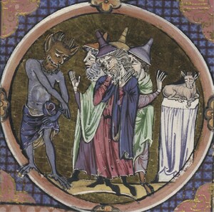 Medallion in a Bible moralisée commenting on a verse from 4 Kings 1. The medallion shows a bearded devil on the left interacting with a group of four figures in the centre with beards and pointed hats. On the right, a calf-shaped idol sits on a pedestal.