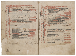 Calendar pages with numerous annotations and additions from later centuries