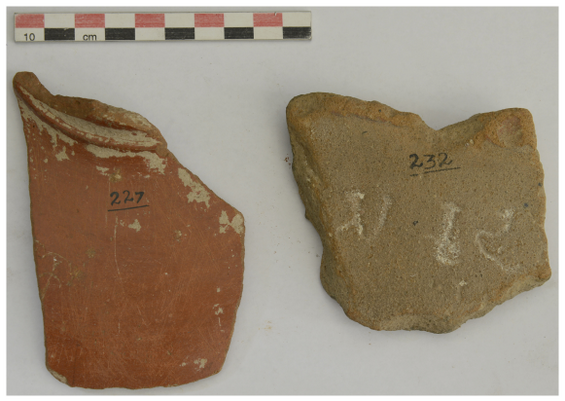Two inscribed potsherds. One fragment red in color carries one BrÄhmÄ« letter. Another one brown in color engraves three letters.