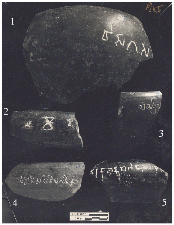 Five potsherds with varied shapes and types. Each one engraves one to eleven BrÄhmÄ« letters.