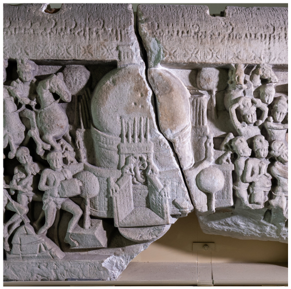 A close-up image of a stūpa depicted in a narrative sculpture from Amaravati.