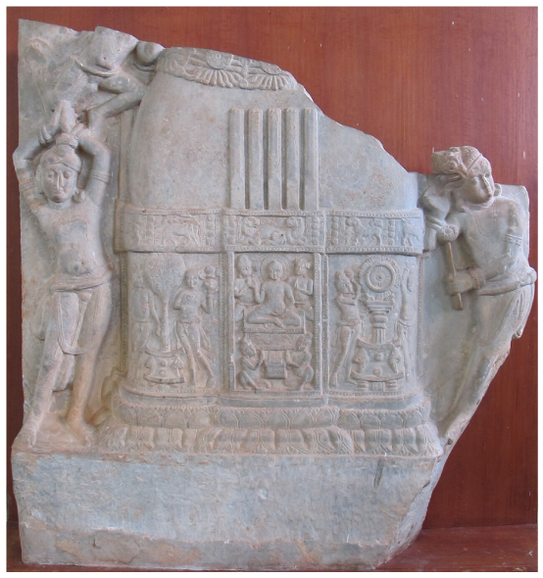It depicts a miniature stūpa with two large standing figures. The base section of the stūpa depicts a throne with a tree, a seated Buddha with four attendants, and a throne with a wheel pillar in three registers.