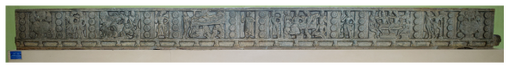 A long cornice depicting vases, amorous couples, narrative scenes, and a standing Buddha.