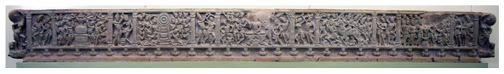 A long cornice depicting female tree spirits, amorous couples, and five narrative scenes about the life of the Buddha.