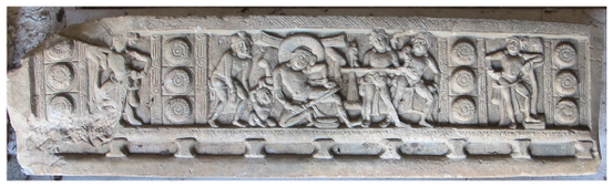 It depicts a king who is cutting his thigh with a sword, a scene of the Sivi-jÄtaka, at the central register and a male attendant figure on both sides.