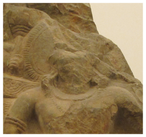 Two close-up images of the Bodhisattvas depicted in figures 6.27 and 6.28. They show the head of the Bodhisattva and the halo embroidered with a decorative border.