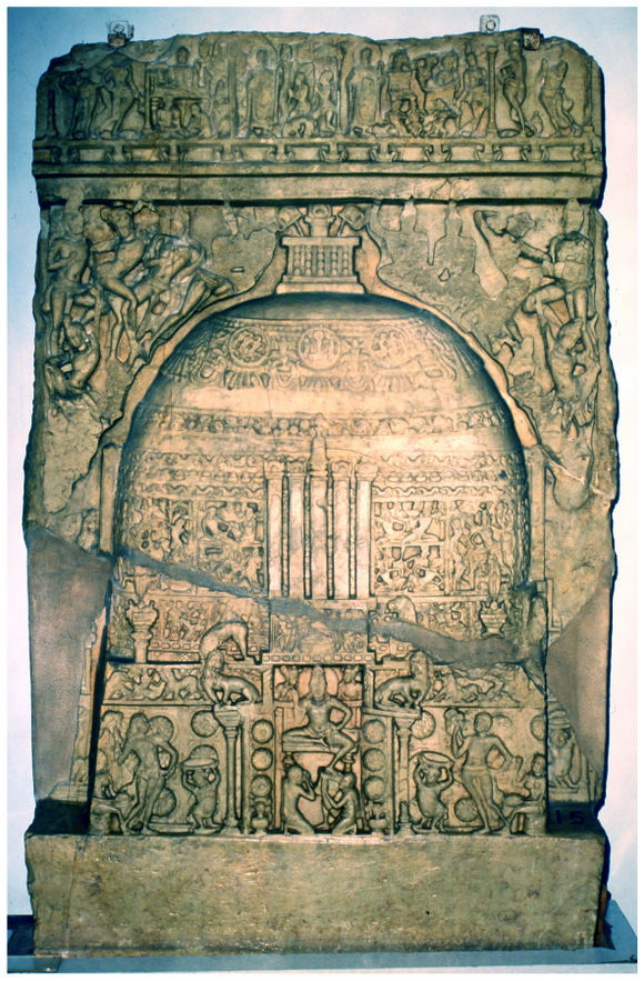 It depicts a miniature stūpa with intricate carving on the dome and the drum and a narrative frieze above the stūpa.
