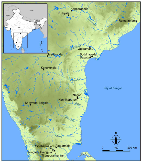 Archaeological sites on the map are marked with black dots and place names.