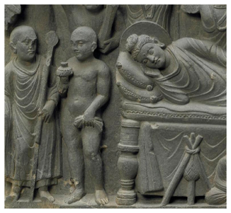 A close-up view of a naked mendicant shown in the scene of the Buddhaâs disciple. He stood in front of a monk and holds a flower on his right hand and a cloth on his left hand.