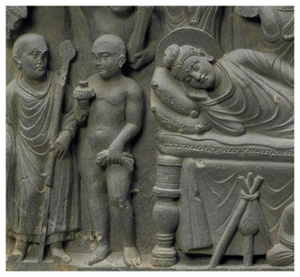 A close-up view of a naked mendicant shown in the scene of the Buddhaâs disciple. He stood in front of a monk and holds a flower on his right hand and a cloth on his left hand.