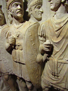 Winged thunderbolt on shield. Detail of Praetorians Relief of around 51 CE.