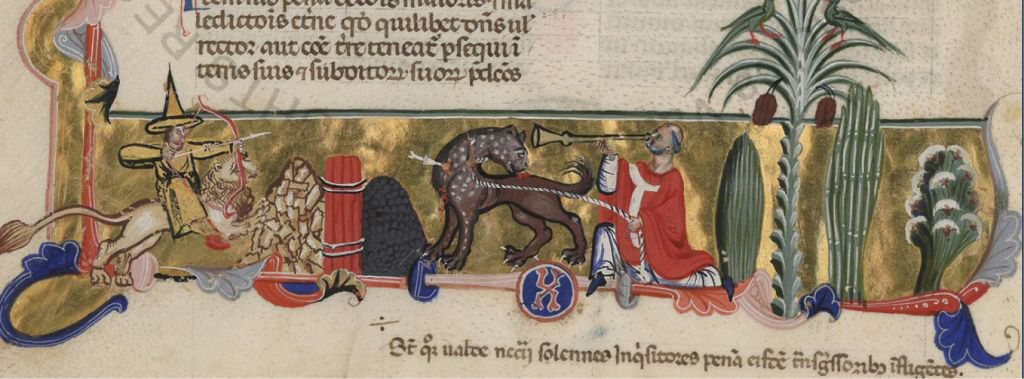 Un jinete toscamente caracterizado como mongol montando un león dispara una flecha al corazón de un leopardo que es sujetado con un lazo por un clérigo latino.