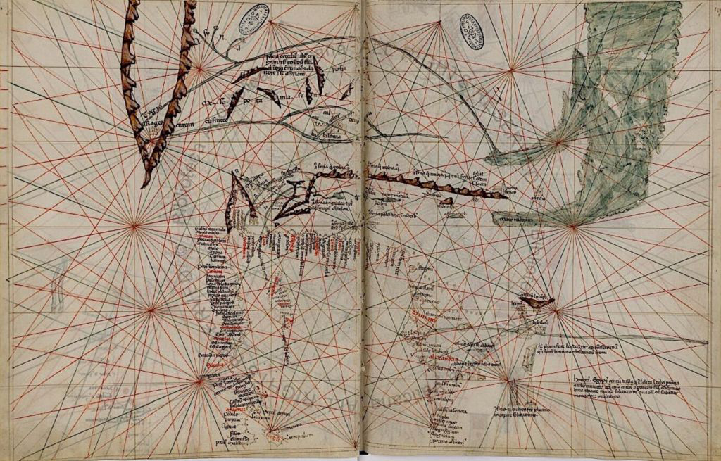 Mapa del tipo portulano representando las costas orientales del Mediterráneo, Mesopotamia y la penÃnsula arábiga rodeada por el mar Rojo y el Golfo Pérsico.