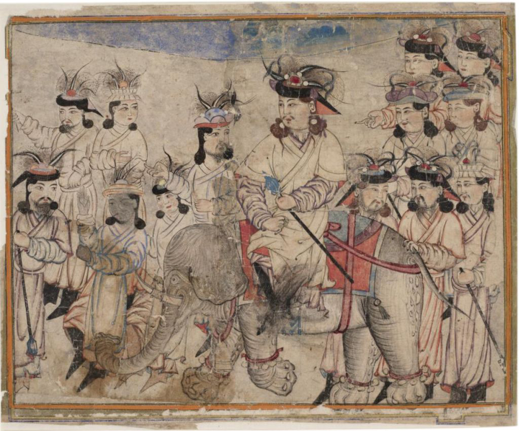 Hombre lujosamente vestido, con elegante tocado de plumas monta un gran elefante rodeado de una multitud de hombres y mujeres igual de ricamente ataviados.