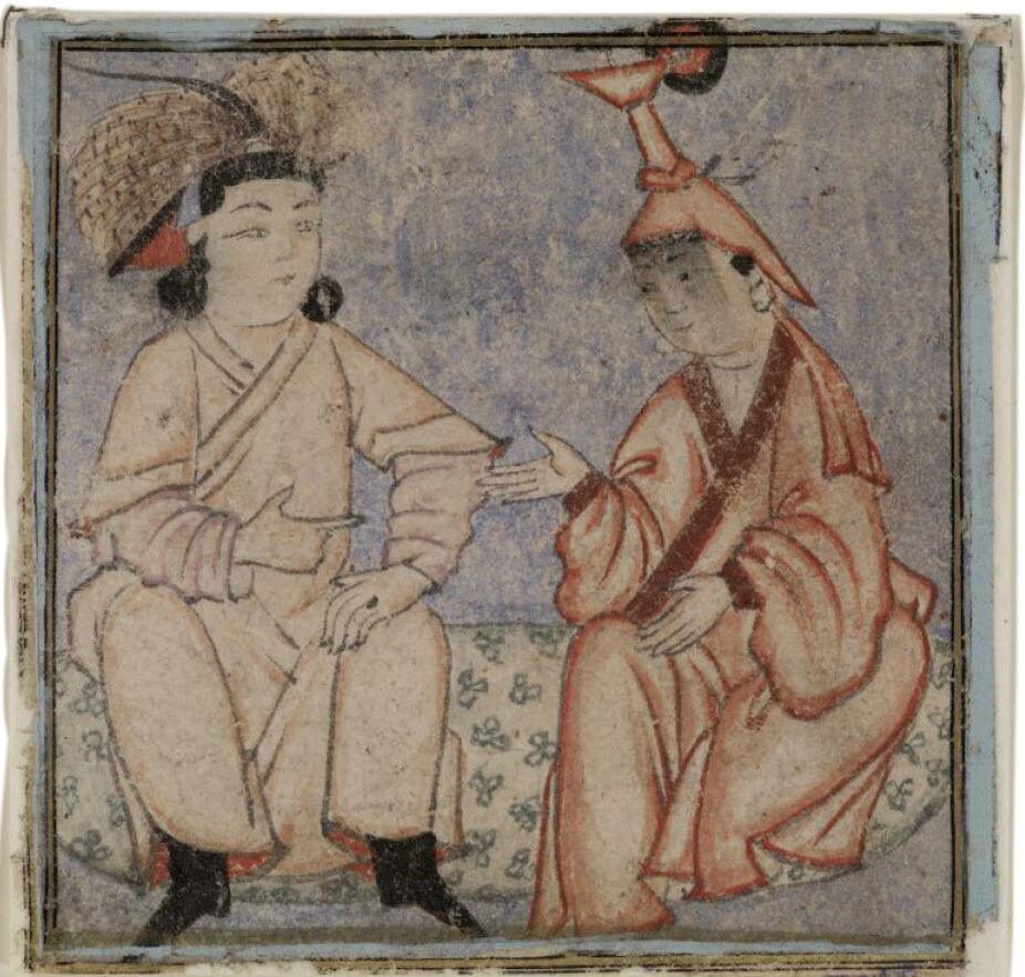 Hombre y mujer sentados juntos en animada conversación, el porta tocado de plumas y ella tÃpico sombrero femenino mongol.