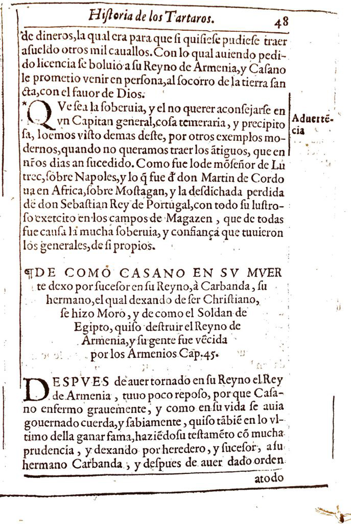 Hoja impresa arriba titulada como Historia de los Tártaros, con la palabra advertencia en el margen a la altura del segundo párrafo.