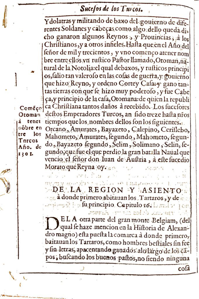 Hoja impresa con el tÃtulo de Sucesos de los Turcos y una anotación en el margen con indicaciones sobre el contenido del texto.