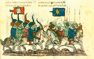 Dos grupos de jinetes enfrentados; los mongoles armados con arcos toman ventaja sobre los turcos armados con lanzas que emprenden la retirada.