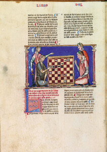 Tablero de ajedrez franqueado por dos jugadores a cada lado, sentados y de pie, caracterizados como mongoles y en actitud de concentración en el juego.