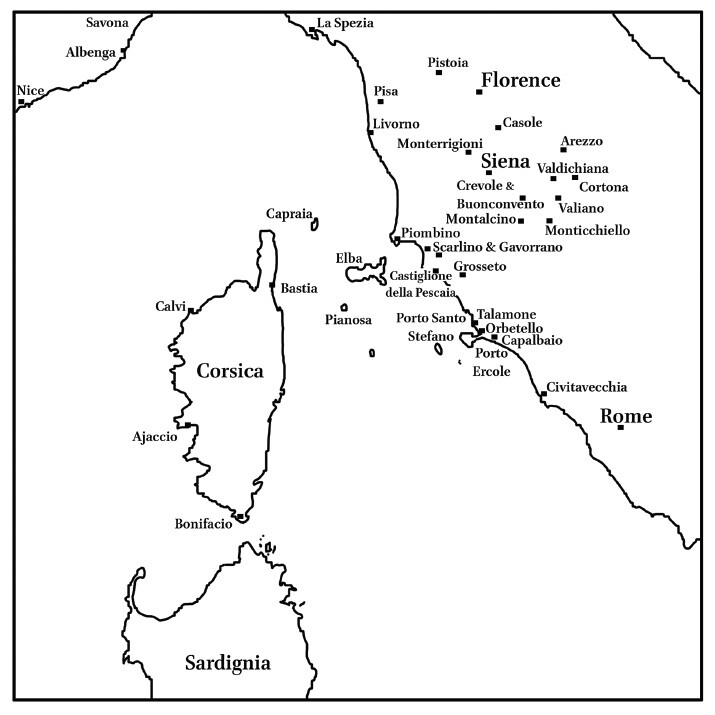 A map of Italyâs west coast including the islands of Corsica, Sardinia, and Elba demonstrating the geographic relationship between Cosimoâs Tuscan realm centered around Florence in the north, Rome to the south, and the various Sienese towns, battlefields, and major coastal ports that lay between them.