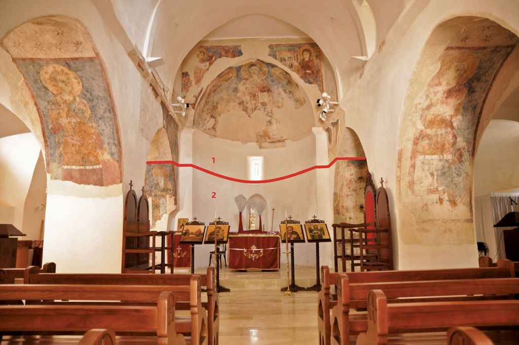 Church interior with a digital drawing showing the possible distribution of images in the original iconographic programme.