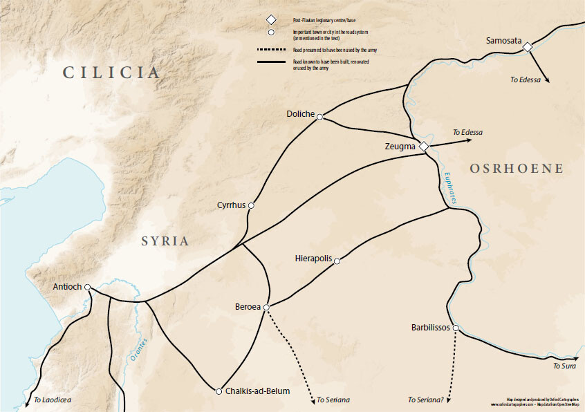 A map of the roads in northern Syria. It shows roads used, built or renovated by the army. Some of these roads lead eastward from Antioch to Cyrrhus, Doliche, Zeugma, and Samosata and also to Chalkis-ad-Belum, Beroea and Hierapolis. There are also roads going south, from Antioch, to Laodicea, and north, from Zeugma, to Samosata, and both the latter also have road connections to Edessa. There are also roads presumed to have been used by the army leading southward, to Seriana, from Beroea and Barbilissos.