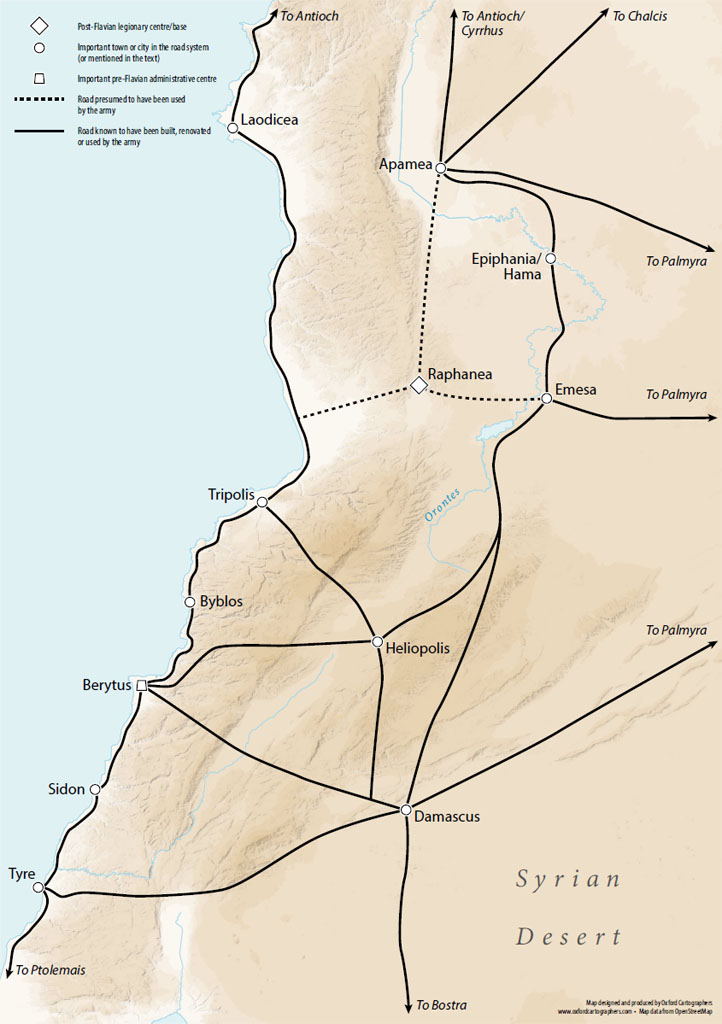 A map of the roads in central and southern Syria. It shows roads used, built or renovated by the army. One leads down the coast from Antioch to Tripolis, Byblos, Berytus, Sidon, and Tyre. There are roads leading from this route, inland, from Tripolis and Berytus to Heliopolis and also from Berytus and Tyre to Damascus. There is also a road from Apamea, which also has road connections to Antioch and Chalkis, leading southward, to Emesa and Damascus. Apamea, Emesa and Damascus have road connections to Palmyra. There are also roads presumed to have been used by the army to Raphanea from Apamea, Emesa and the coastal road.