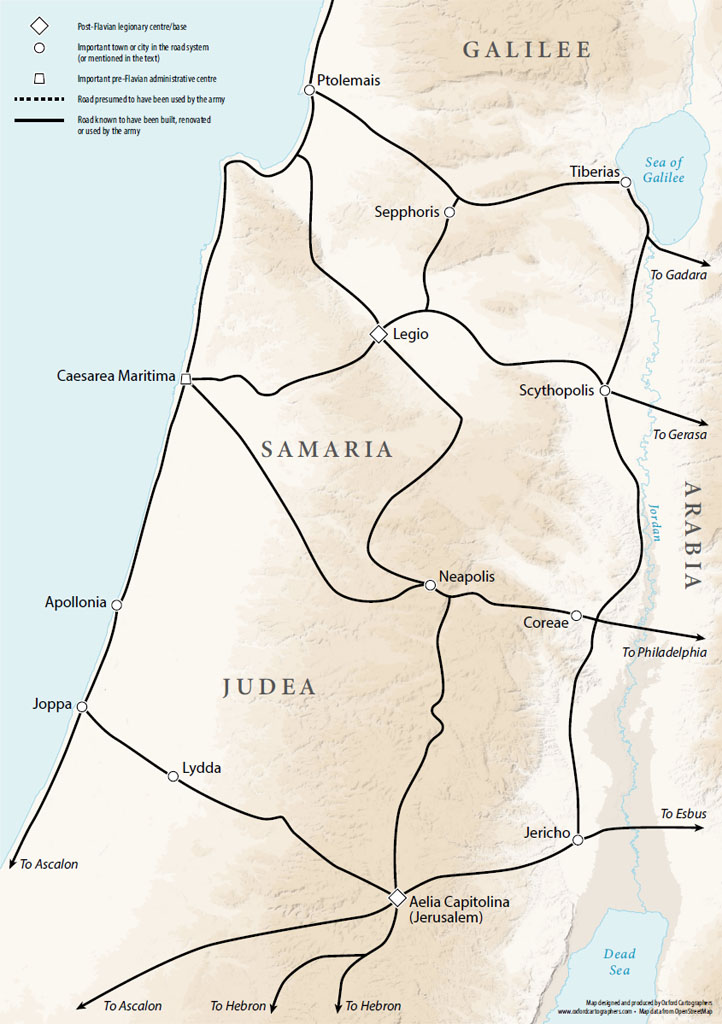 A map of the roads in Judaea. It shows roads used, built or renovated by the army. One leads down the coast from Ptolemais to Caesarea Maritima, Appolonia, and Joppa and then leads on to Ascalon. There are roads connected to the coast from Ptolemais to Tiberias, Caesarea Maritima to Legio, Caesarea Maritima to Neapolis, and Joppa to Lydda and then on to Aelia Capitolina/Jerusalem. There is a long road leading down the centre of map from Sepphoris to Legio, Neapolis and Aelia Capitolina/Jerusalem. Legio also has a road leading east to Scythopolis. Aelia Capitolina/Jerusalem also has road connections leading southward, to Ascalon, Hebron, and eastward, to Jericho. On the eastern side of the map there are road connections leading from Tiberias to Gadara, Scythopolis to Gerasa, Coreae to Philadelphia and Jericho to Esbus.