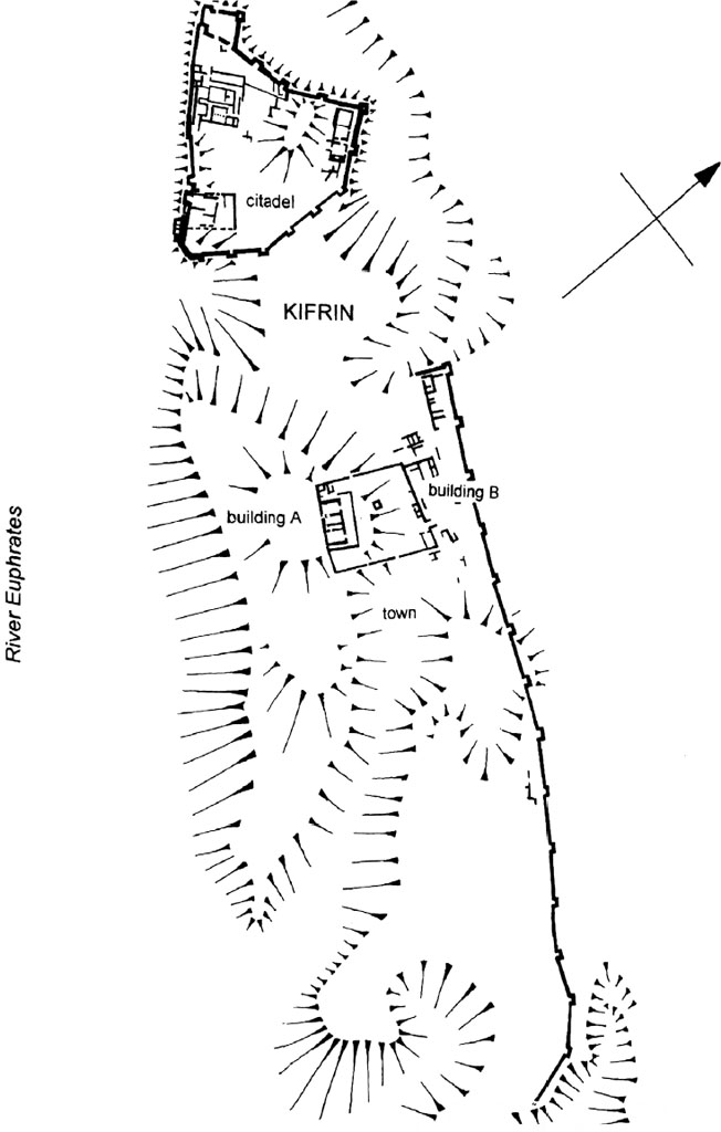 A map of the town of Kifrin. It shows buildings in the centre and the citadel, and its walls, at the top of the map. The town is surrounded by contours illustrating the town’s elevation. The north is shown pointing towards the top-right of the map.