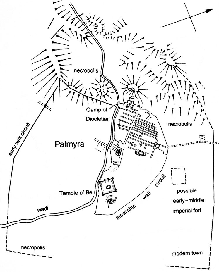 A map of Palmyra. It shows the Temple of Bel, in the centre, a necropolis above this, a potential Roman fort from the Principate, on the right, and all are surrounded by city walls. It also shows later buildings such as the camp of Diocletian in the centre. There are contours to show the city’s elevation.