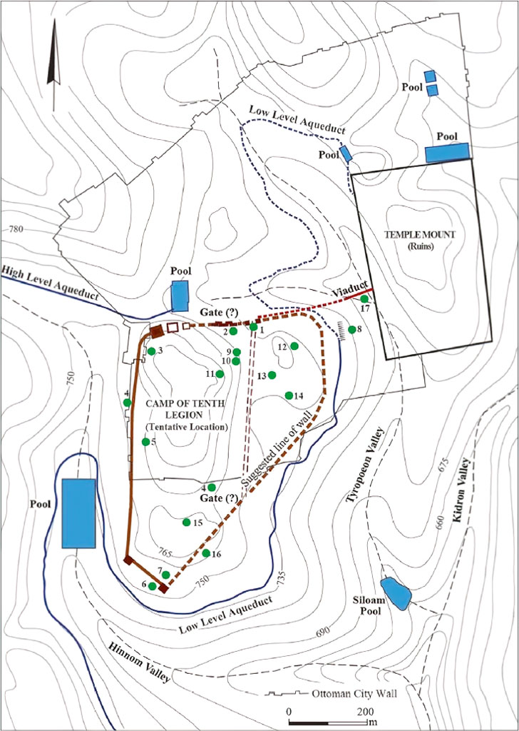 A map of Aelia Capitolina/Roman Jerusalem. It shows the walls of the city and the surrounding topography, with contours showing the city’s elevation and shapes that indicate water sources. It also shows aqueducts in the city, a viaduct, in the centre, the Temple Mount, on the right, and the legionary camp, on the left, with lines showing the possible location of the walls of the camp.