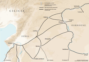 A map of the roads in northern Syria. It shows roads used, built or renovated by the army. Some of these roads lead eastward from Antioch to Cyrrhus, Doliche, Zeugma, and Samosata and also to Chalkis-ad-Belum, Beroea and Hierapolis. There are also roads going south, from Antioch, to Laodicea, and north, from Zeugma, to Samosata, and both the latter also have road connections to Edessa. There are also roads presumed to have been used by the army leading southward, to Seriana, from Beroea and Barbilissos.