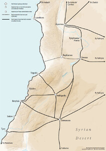A map of the roads in central and southern Syria. It shows roads used, built or renovated by the army. One leads down the coast from Antioch to Tripolis, Byblos, Berytus, Sidon, and Tyre. There are roads leading from this route, inland, from Tripolis and Berytus to Heliopolis and also from Berytus and Tyre to Damascus. There is also a road from Apamea, which also has road connections to Antioch and Chalkis, leading southward, to Emesa and Damascus. Apamea, Emesa and Damascus have road connections to Palmyra. There are also roads presumed to have been used by the army to Raphanea from Apamea, Emesa and the coastal road.