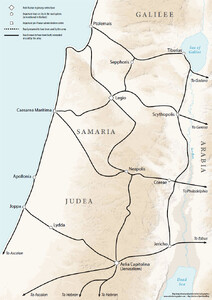 A map of the roads in Judaea. It shows roads used, built or renovated by the army. One leads down the coast from Ptolemais to Caesarea Maritima, Appolonia, and Joppa and then leads on to Ascalon. There are roads connected to the coast from Ptolemais to Tiberias, Caesarea Maritima to Legio, Caesarea Maritima to Neapolis, and Joppa to Lydda and then on to Aelia Capitolina/Jerusalem. There is a long road leading down the centre of map from Sepphoris to Legio, Neapolis and Aelia Capitolina/Jerusalem. Legio also has a road leading east to Scythopolis. Aelia Capitolina/Jerusalem also has road connections leading southward, to Ascalon, Hebron, and eastward, to Jericho. On the eastern side of the map there are road connections leading from Tiberias to Gadara, Scythopolis to Gerasa, Coreae to Philadelphia and Jericho to Esbus.
