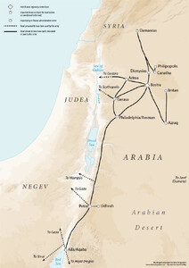 A map of the roads in Arabia. It shows roads used, built or renovated by the army. One of these roads runs between Damascus, Dionysias and Bostra and then from Bostra to Petra and Aila/Aqaba. Bostra has several roads branching out. One road leads southward, to Azraq, which then connects to Imtan, to the north. Three roads lead eastward, to Adraa, Gerasa and Philadelphia/Amman, respectively. There is also a road from Damascus to Canatha and then another from Canatha, northward, to Philipopolis. There is also a road from Adraa to Gerasa and Philadelphia/Amman. Adraa has a connecting road to Gadara. Gerasa has a connecting road to Scythopolis. There are also roads presumed to have been used by the army. Some of these are connecting roads from Petra to Gaza, to the west, and Udhruh to the east. Another, a little to the north of Petra, leads to Mampsis. There are connecting roads leading from Aila/Aqaba. One leads northward, to Gaza, another southward, to Sinai, and finally one leads southeast, to Hejaz and Hegra.