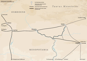 A map of the roads in Mesopotamia and Osrhoene. It shows roads used, built or renovated by the army. There is a road leading south from Edessa to Carrhae and then on to Nicephorium. There is also a road leading eastward, from Carrhae, to Rhesaina. Rhesaina has two roads leading eastward. One road goes to Nisibis and the other to Singara and then on to Ain Sinu. Edessa has two connecting roads. One leads northward, to Samosata, and the other westward, to Zeugma. Carrhae has one connecting road that leads westward, to Zeugma. There are also roads presumed to have been used by the army. Three lead from Singara. One leads northward, to Nisibis. Two lead southward, potentially to Hatra. Nisibis has a road leading down the Khabur, part of which is known to be used by the army, the rest is presumed to have been used by the army to reach Circesium.