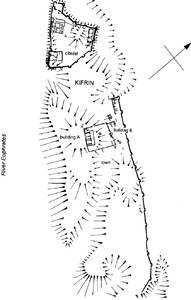 A map of the town of Kifrin. It shows buildings in the centre and the citadel, and its walls, at the top of the map. The town is surrounded by contours illustrating the town’s elevation. The north is shown pointing towards the top-right of the map.