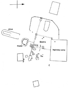 A map of Bostra. It shows the buildings in the city of Bostra. This includes a circus on the left, a theatre in the centre, and the legionary base on the right. The north is shown to be pointing to the right of the map.