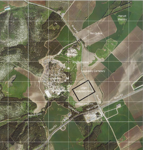 A map of the area surrounding Legio. It shows the surrounding topography and fields. Above Legio, Tel Megiddo, Kibbutz Megiddo, an amphitheatre and a legionary cemetery are labelled. The legionary base is in the centre. Maximianopolis is to the left and legionary canabae (housing) are labelled below the base. A modern road is shown running from the top left to the bottom right of the map (passing through the legionary base) and crosses another road towards the bottom of the map, just below the legionary base.