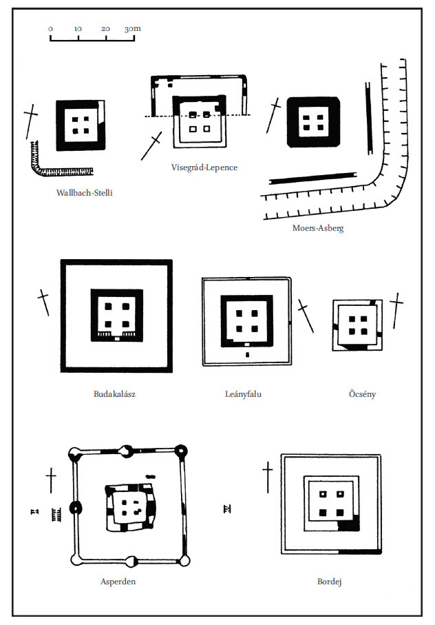 Plan of late Roman fortlet sites on the Rhine and Danube frontiers, redrawn to a common scale.